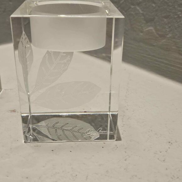 Signed Oleg Cassini Etched Leaves Crystal Votives - Picture 3 of 8